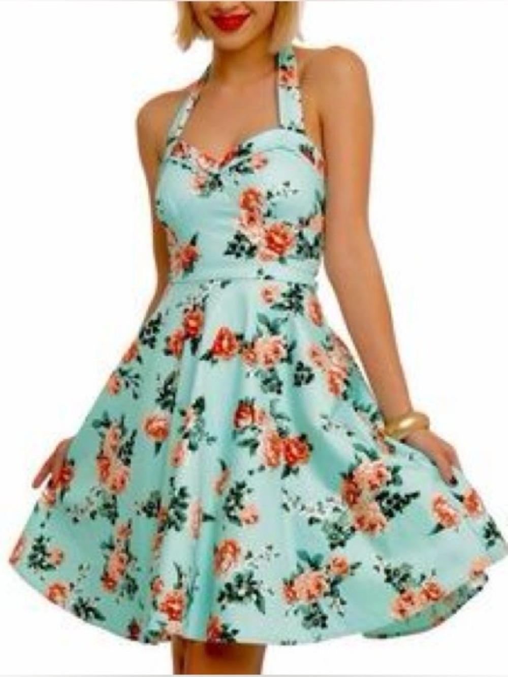Hot Topic Teal Floral Pin Up Style Halter Dress Size Large